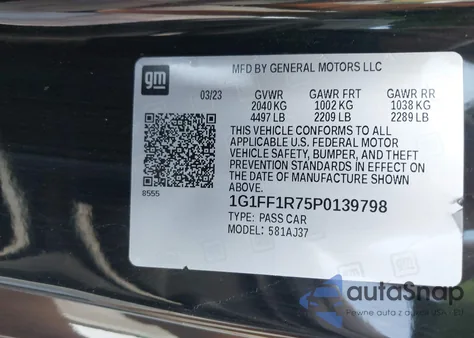 2023 Chevrolet Camaro Rwd 1Ss z USA, uszkodzony, nr VIN 1G1FF1R75P0139798